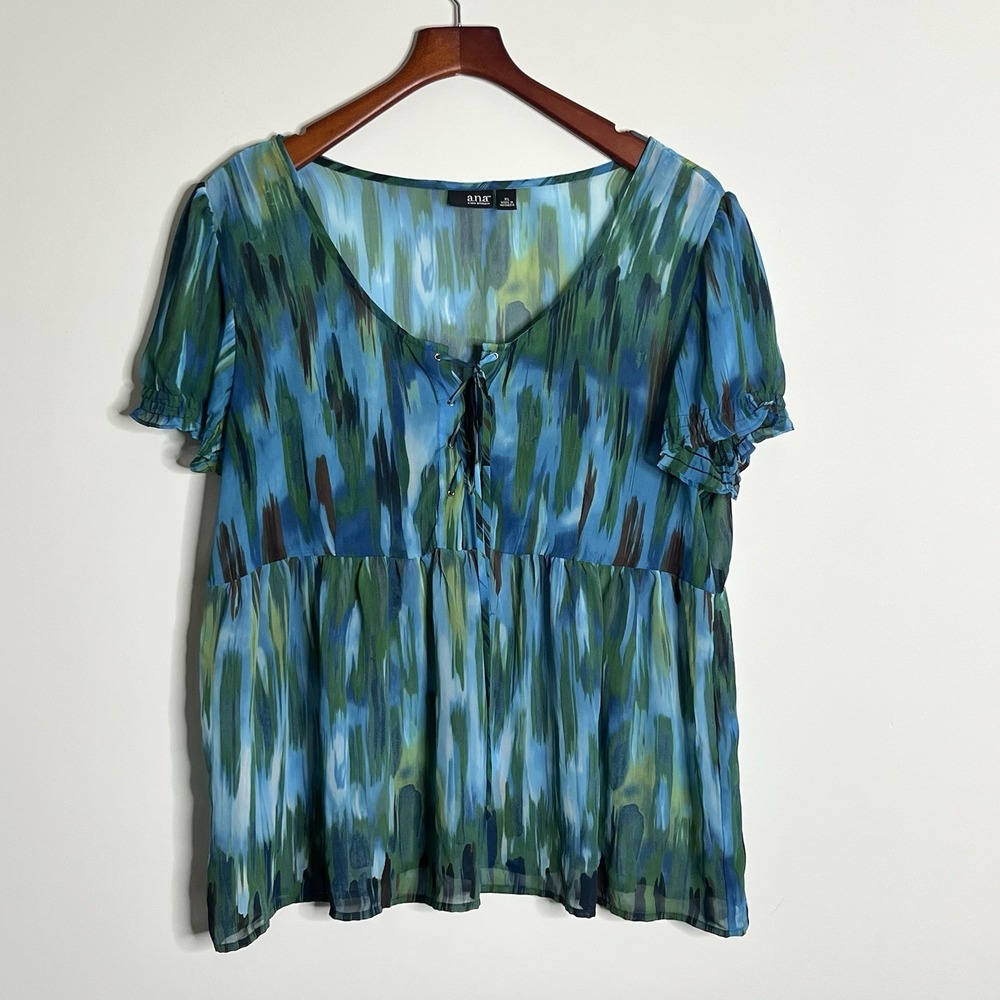 Ana Y2k Babydoll Top Womens XL Blue Green Lace Up Fairy Grunge Chiffon Festival